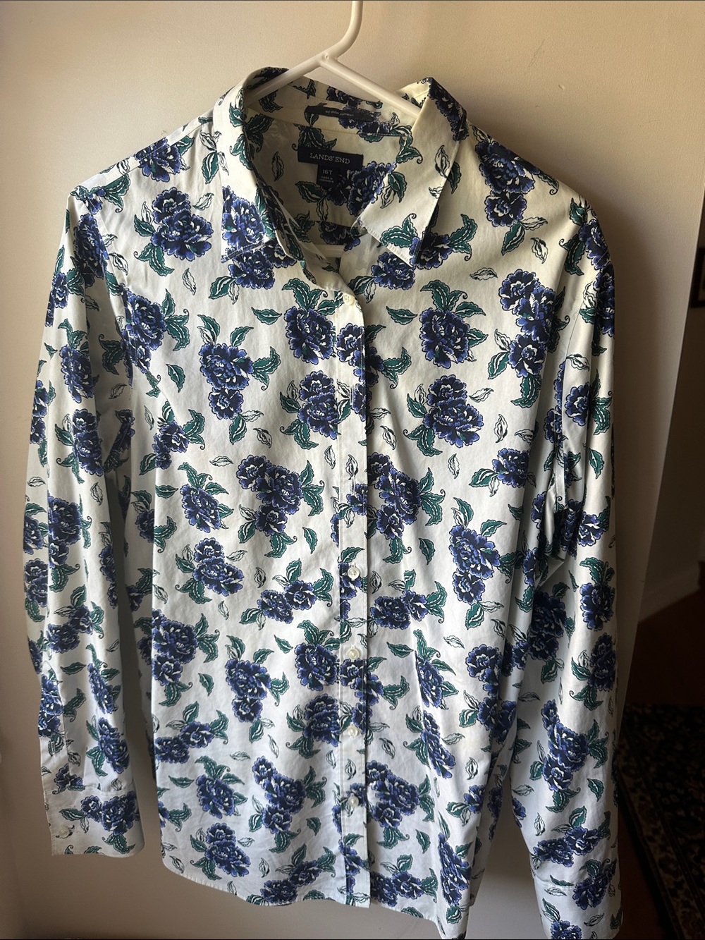 Lands' End White Button-Down Shirt with Blue Floral Print